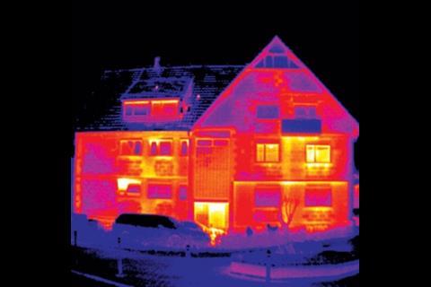 This image from BSRIA’s thermal imaging group shows heat loss distribution from a house – yellow indicates areas of highest heat loss and blue the lowest